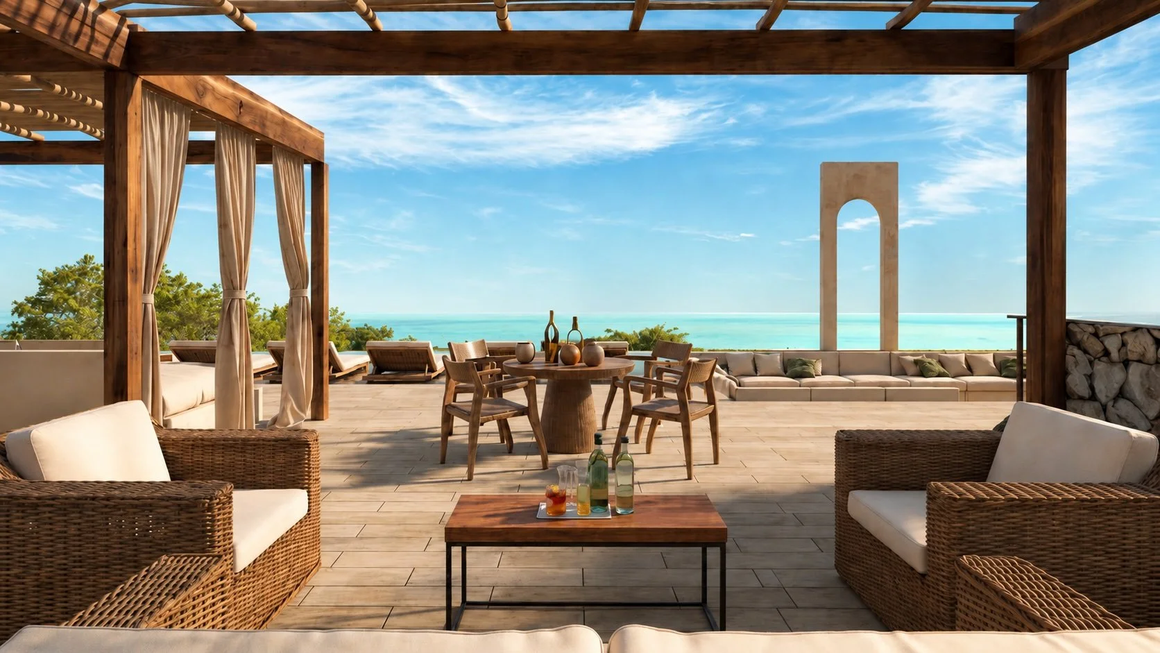Roof top lounge area of Condominium with pool and lagoon views of Bacalar