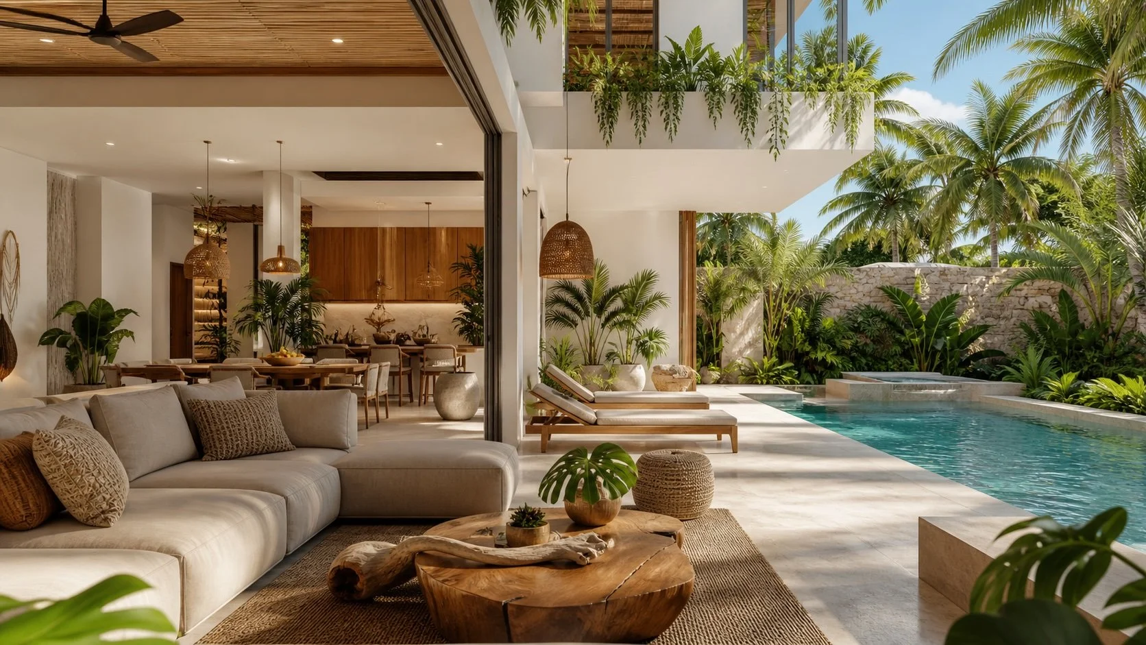 Villa with pool and outdoor seating, surrounded by palm trees