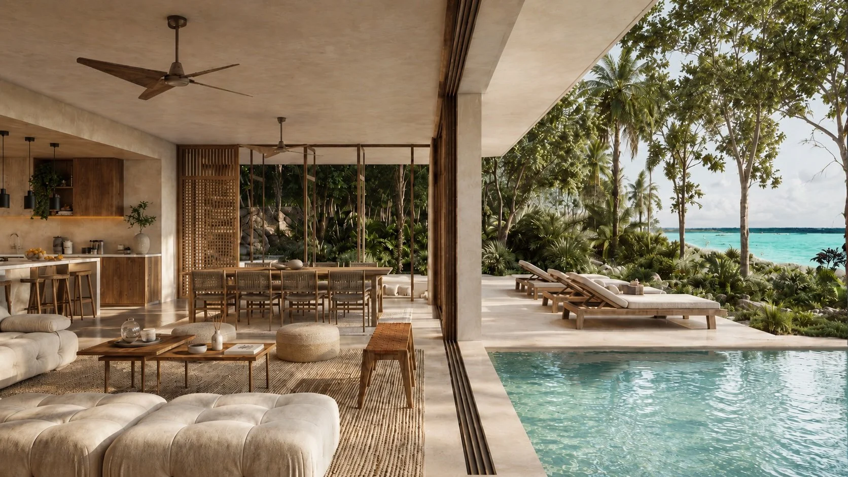 Luxury waterfront villa for sale in Bacalar, Mexico with private pool and lagoon views.