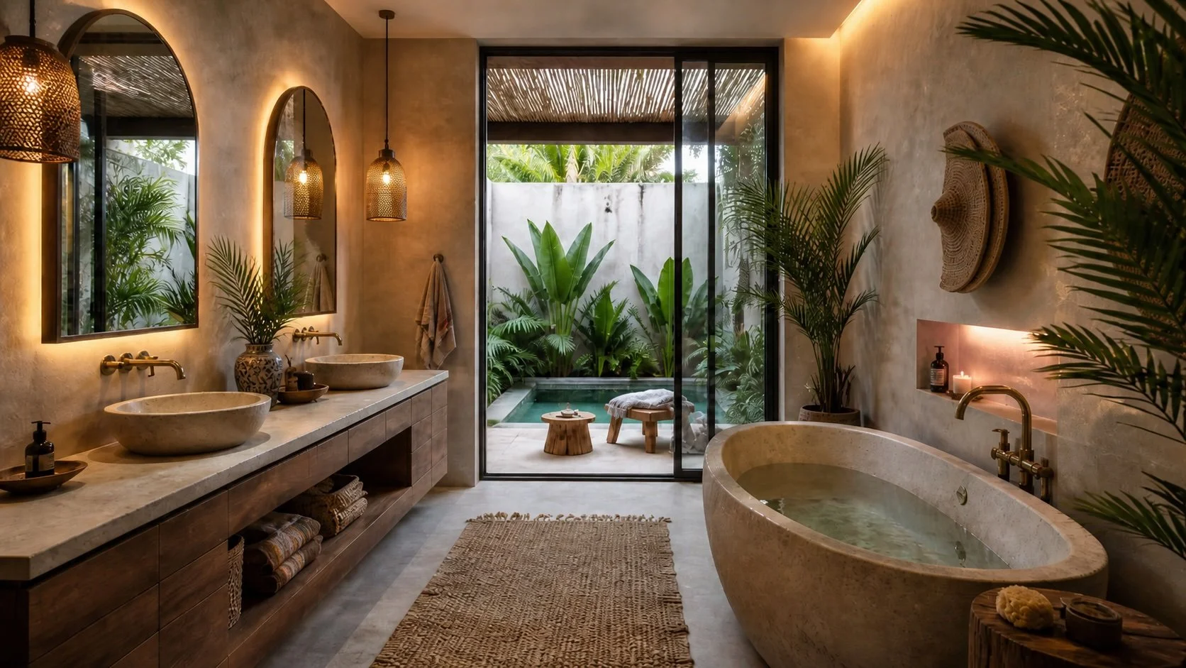 Bathroom with pool views in Bacalar home
