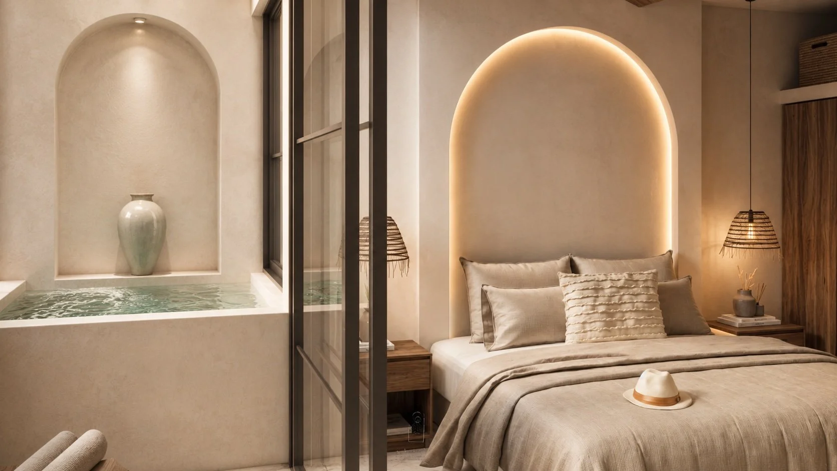 Bedroom with views of plunge pool in Bacalar condo