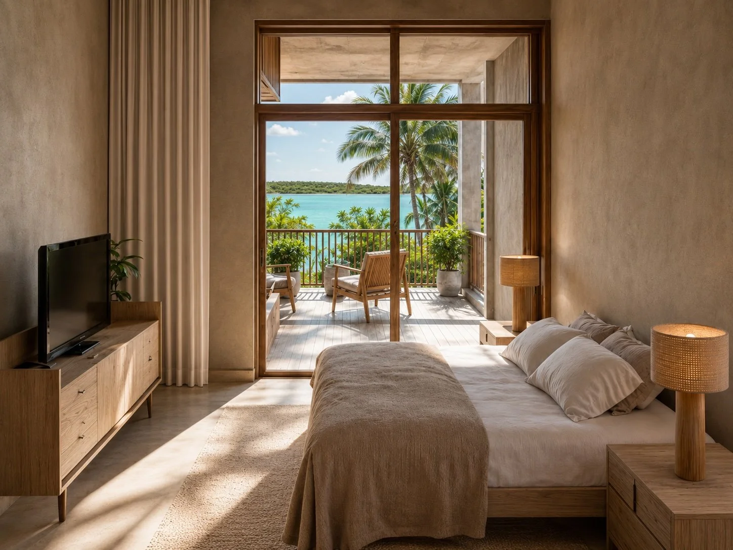 Bedroom in waterfront Bacalar condo with views of balcony and lagoon