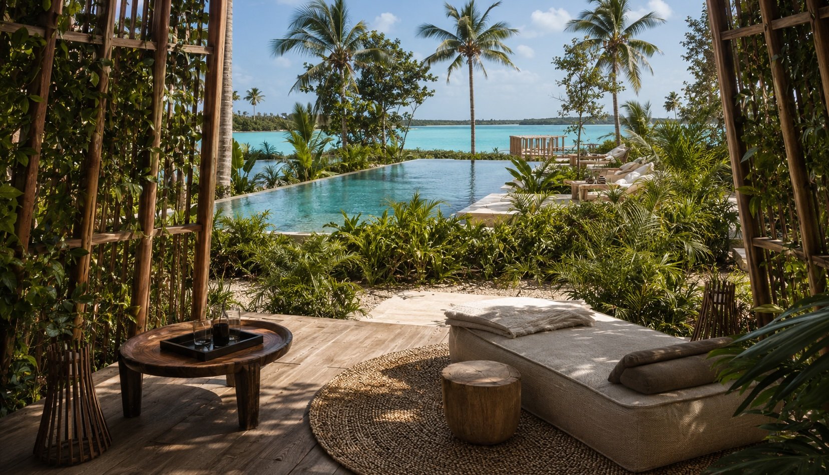 Pool area and sun lounger overlooking the Bacalar lagoon