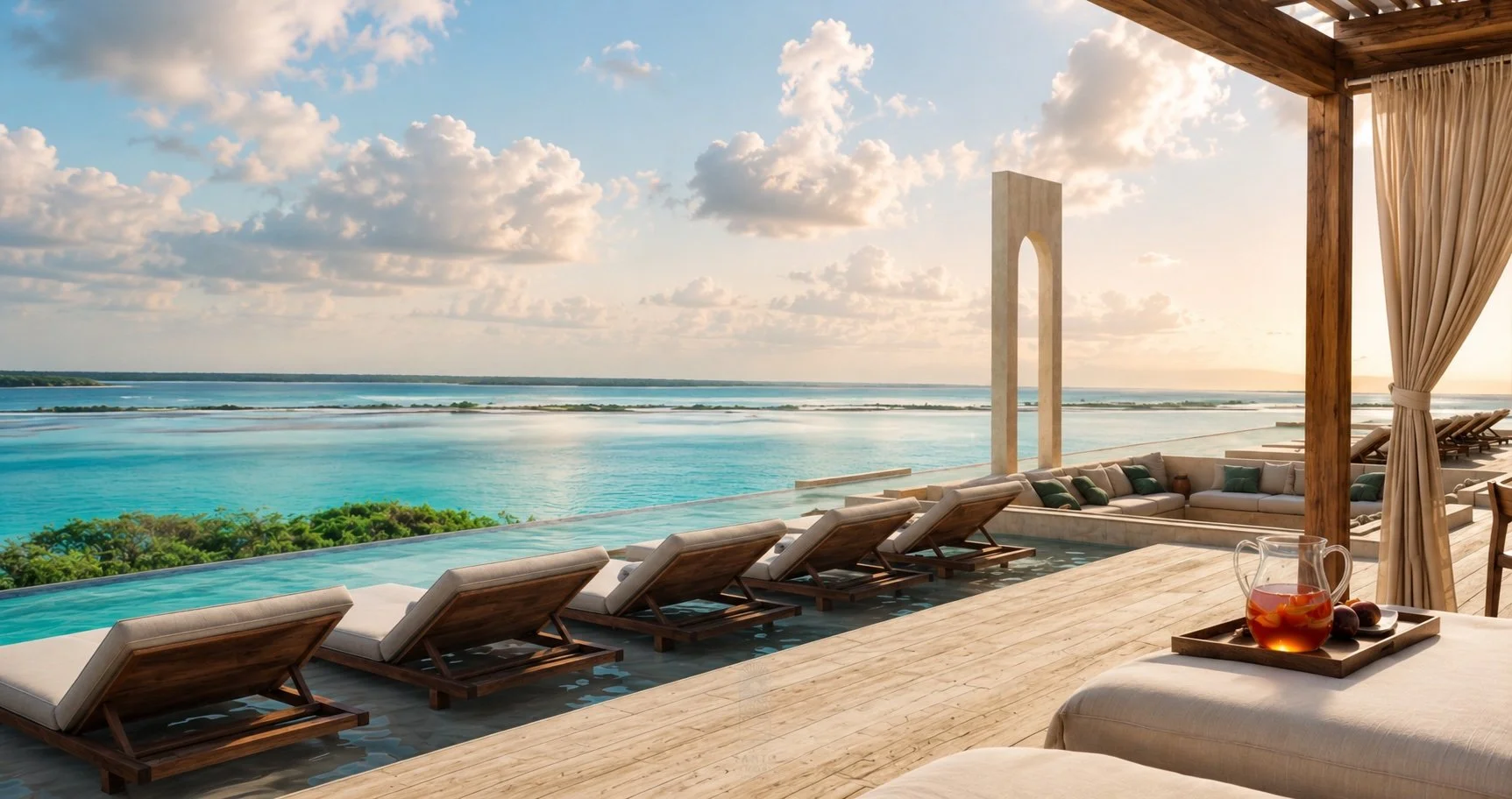 Shared amenities in Bacalar condo with lounge area with pool overlooking the lagoon