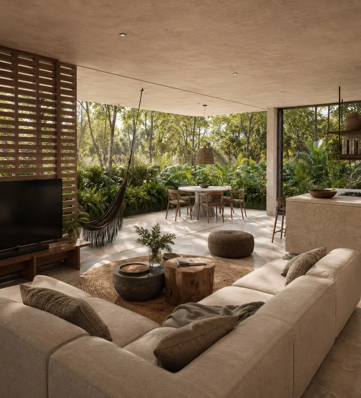 Living area in Bacalar condo with jungle views