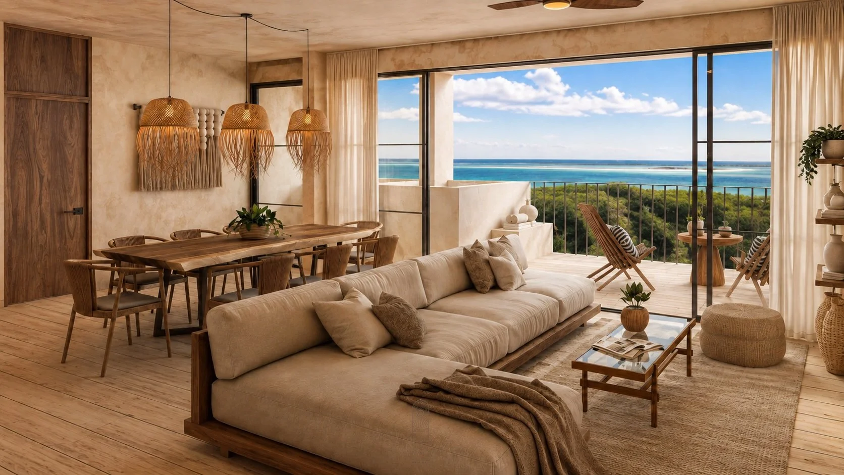 Open plan living / dining area in modern penthouse in Bacalar with lagoon views