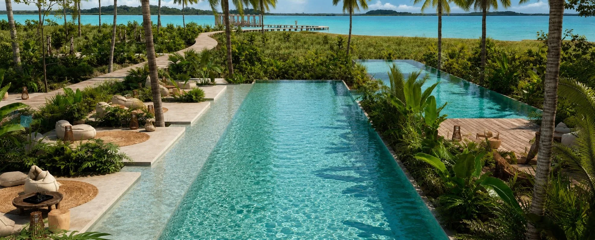 Stunning pool overlooking lagoon of Seven Colors Bacalar