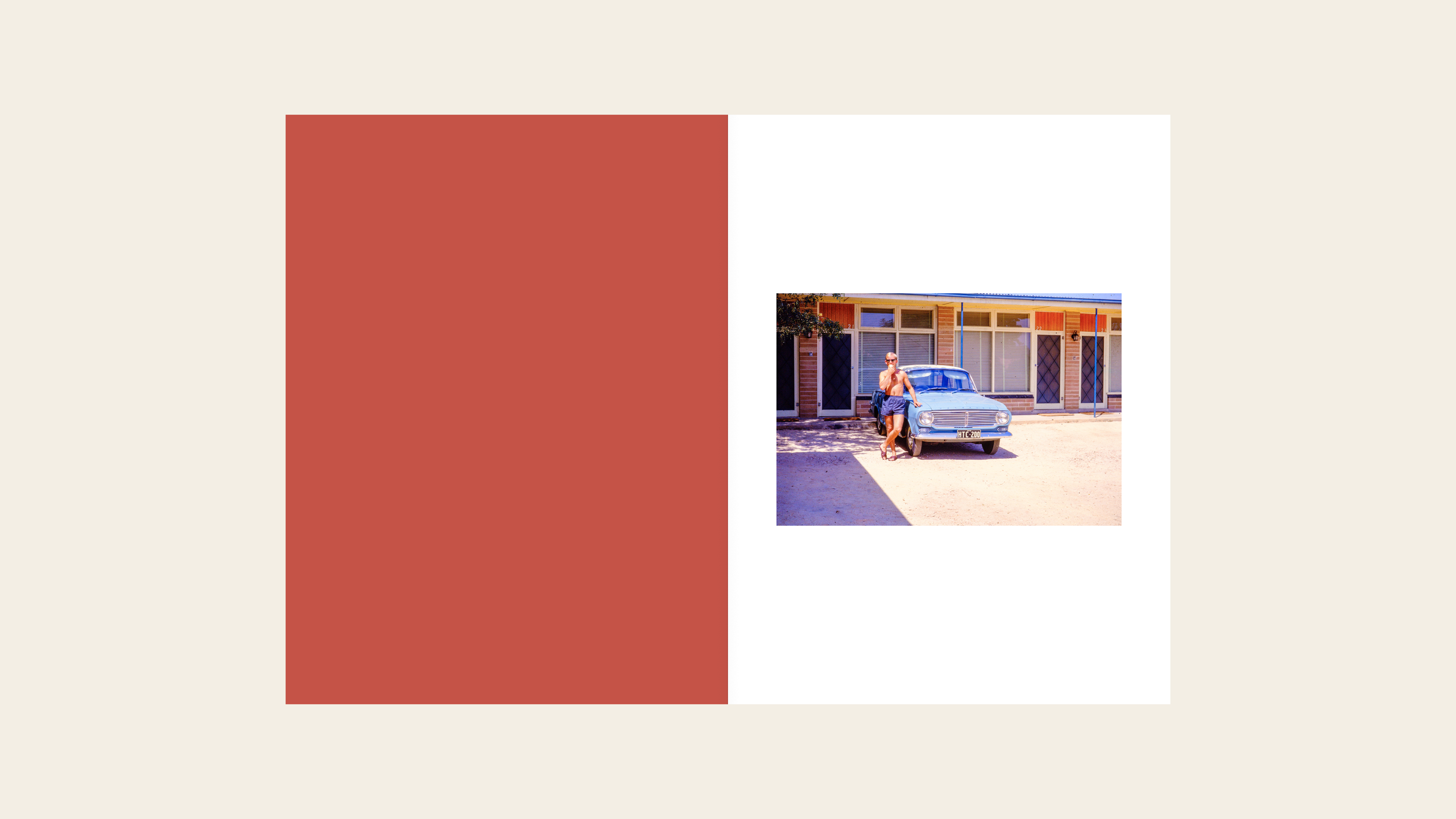 An open book spread with a scanned film slide placed professionally in the book layout.