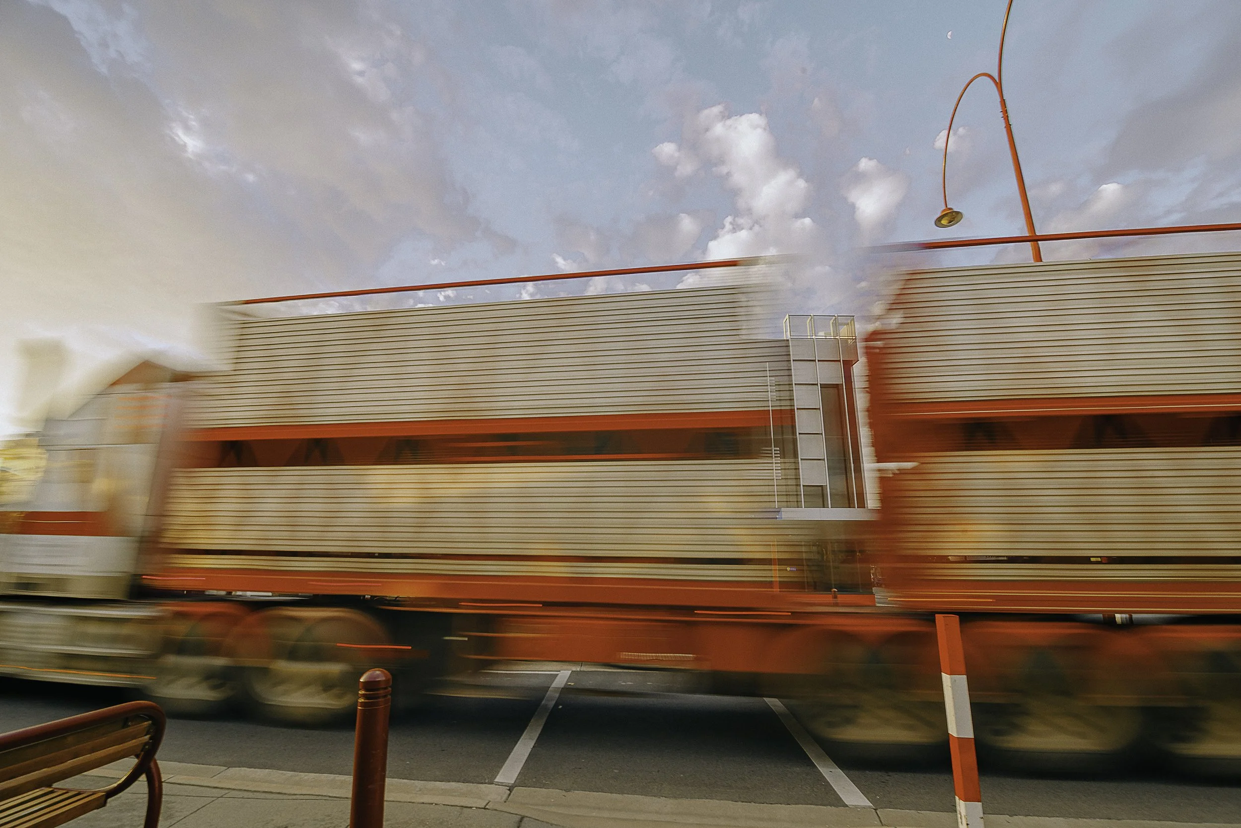 Cattle truck goes down the main Murphy Street in Wangaratta.