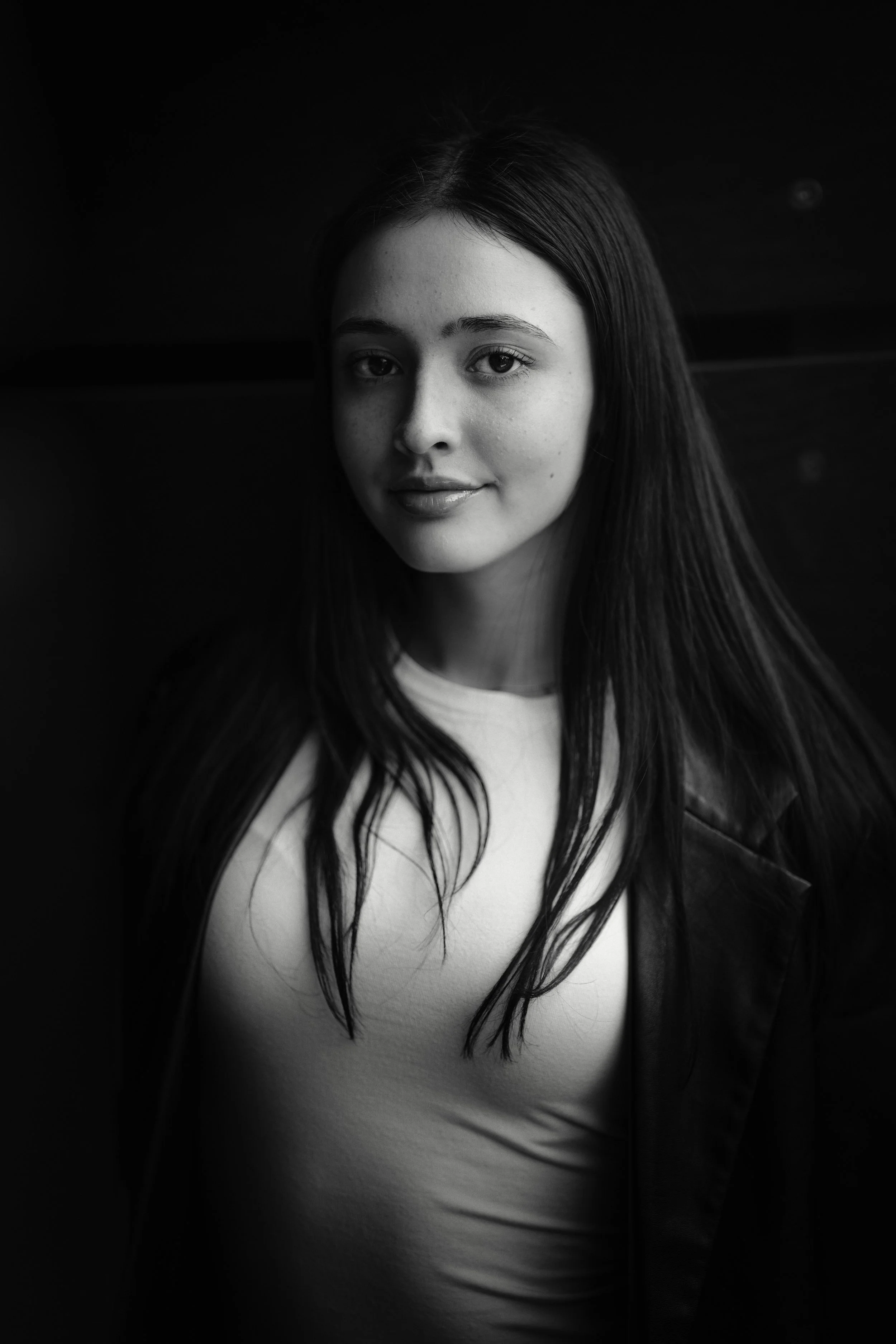 Black and white portrait image of beautiful dark-haired Melbourne model Gabby Camp.