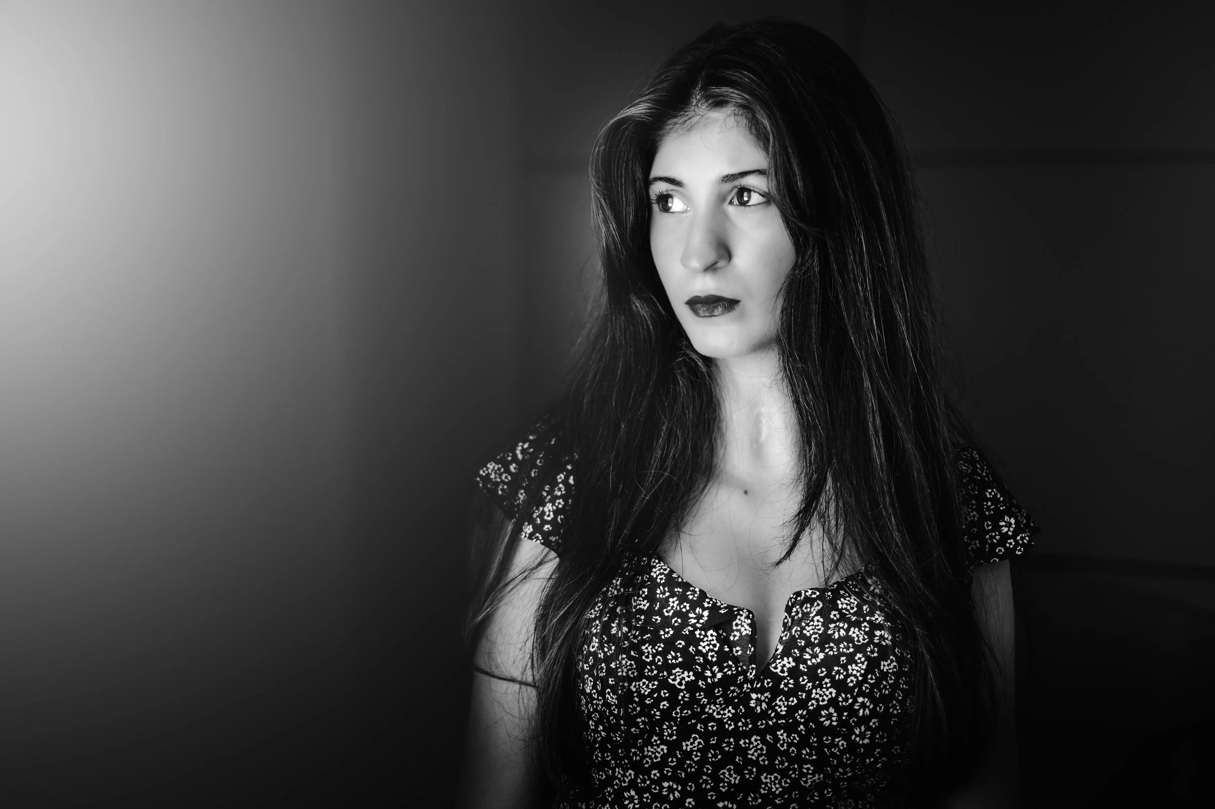 Black and white portrait of Angel Lamesa in Melbourne. Photo taken by respected Australian photographer Campbell Mattinson.