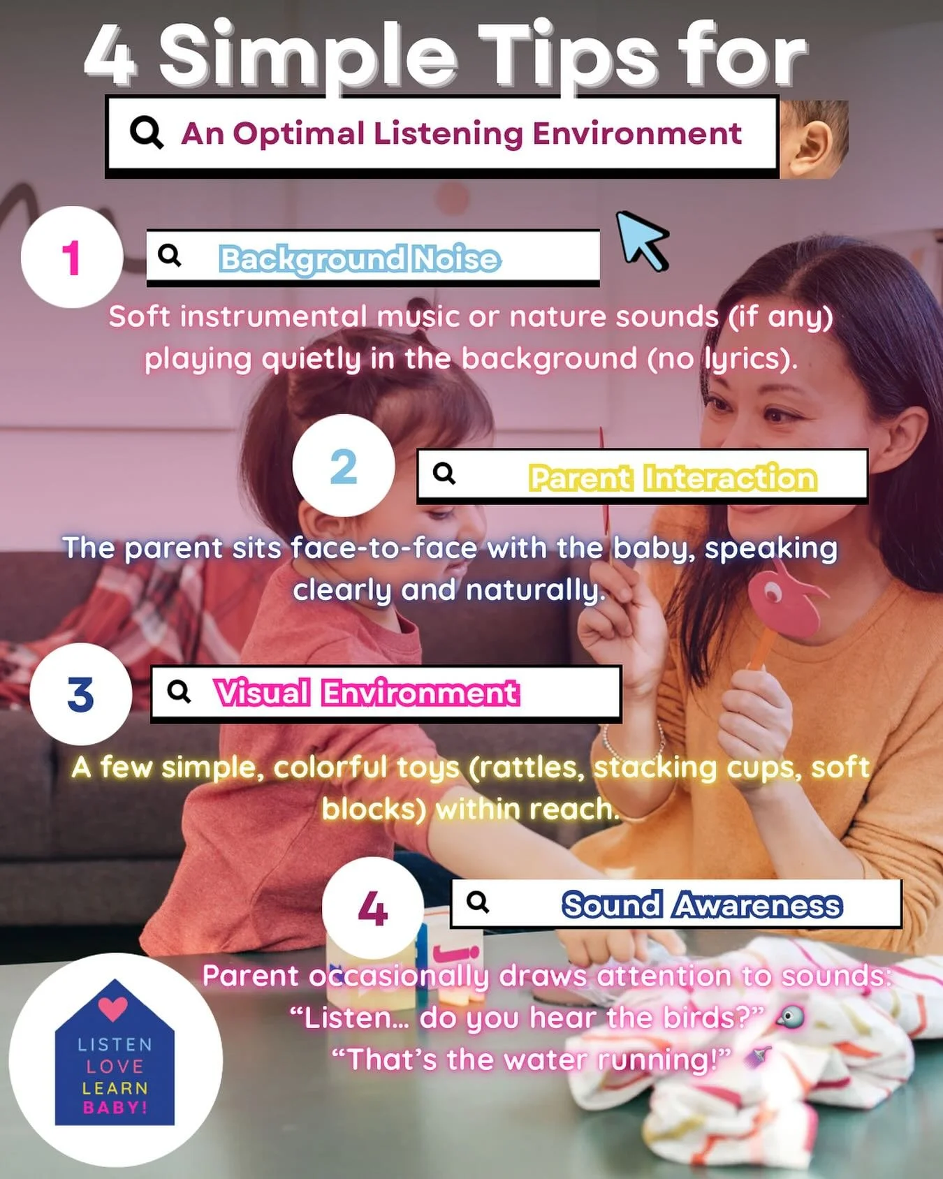 Create your home&rsquo;s listening landscape. 🏡 
Simple tips like reducing background noise and minimizing distractions can 
make a huge difference for your baby&rsquo;s listening environment! 
#ListeningLandscape #QuietTime
-
-
-
-
-
#HomeEnvironme