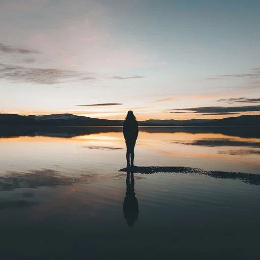 A person standing alone on a reflective body of water at sunset or sunrise, with mountains in the background.