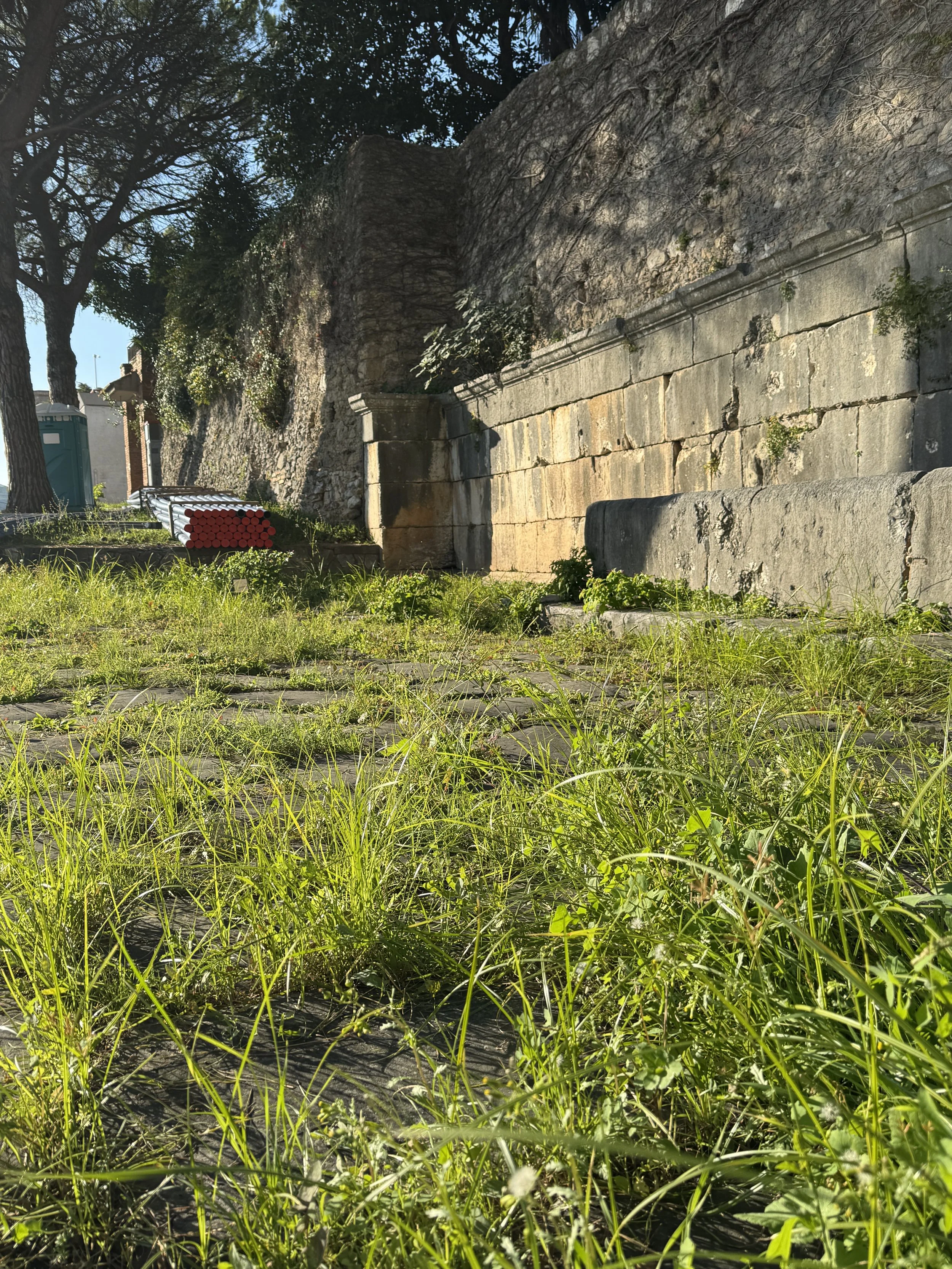 The fountain is up against a retaining wall... the paving of the Via Appia is a bit overgrown here.