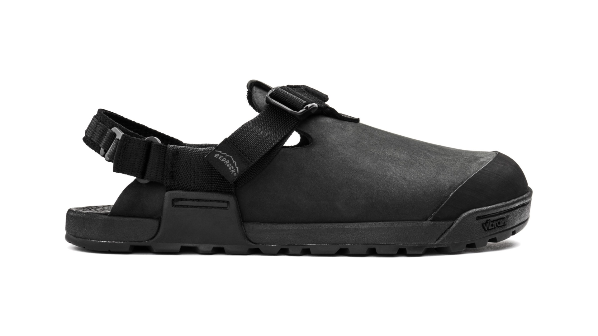 Bedrock Mountain Clog Nubuck Leather in black, showing the adjustable straps, suede-like leather upper and Vibram outsole.