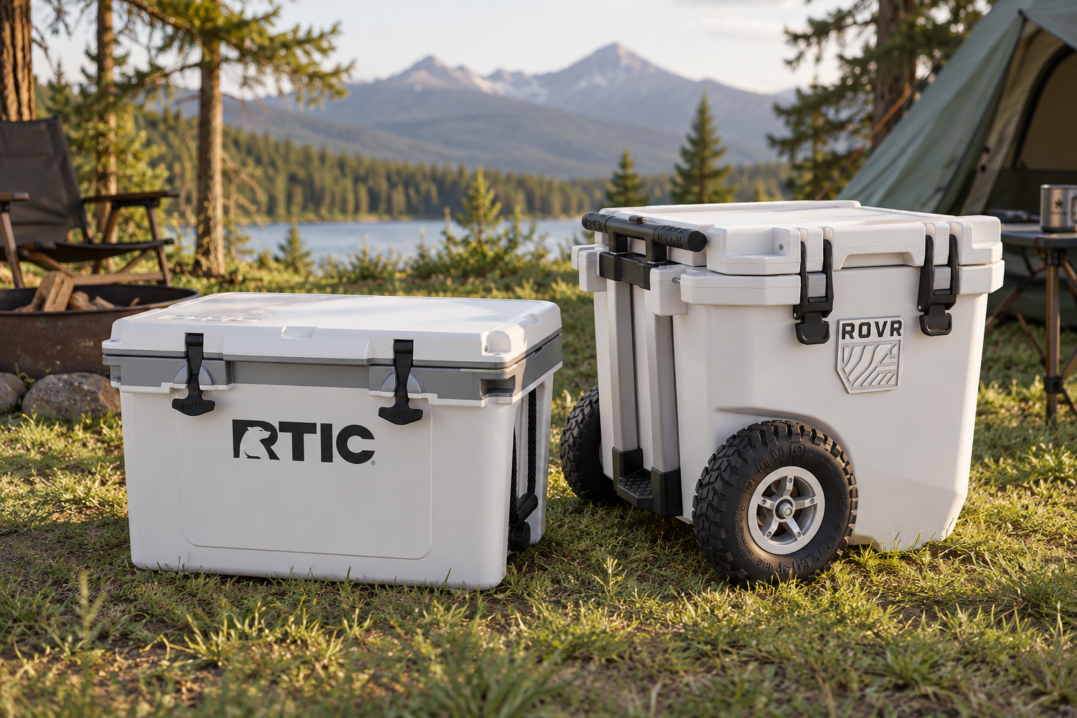 RTIC 32 QT Ultra-Light Cooler and RovR RollR 30 side by side at a campsite.