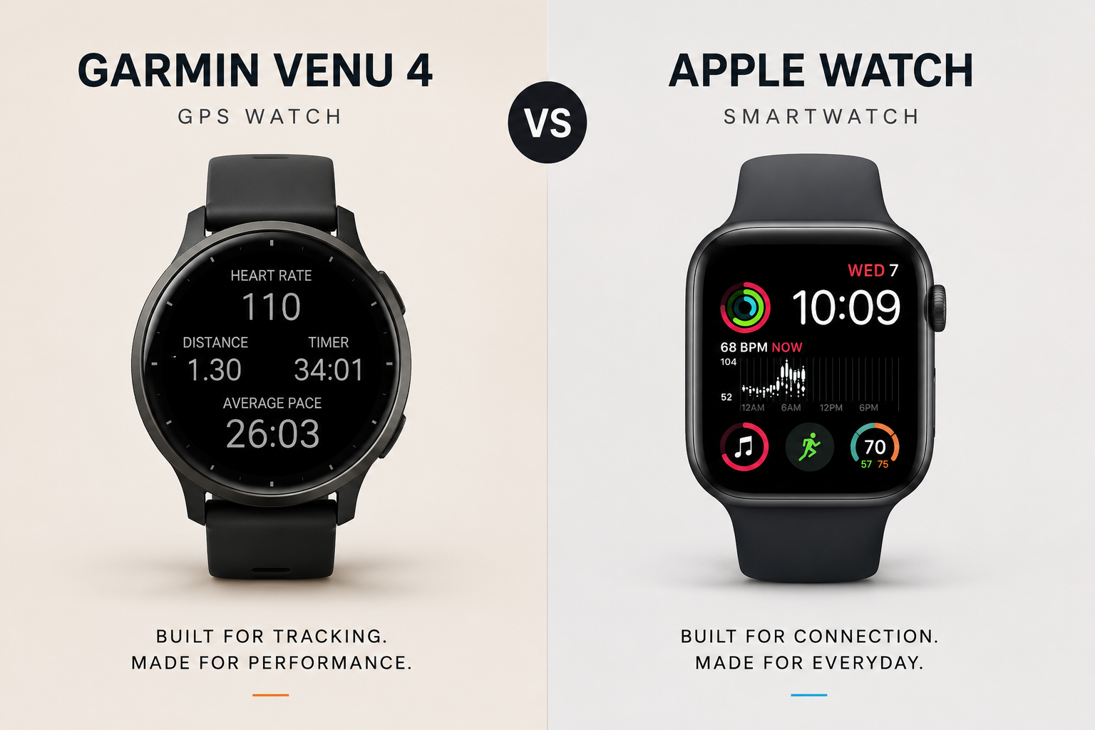 Garmin Venu 4 vs Apple Watch comparison showing GPS watch versus smartwatch design