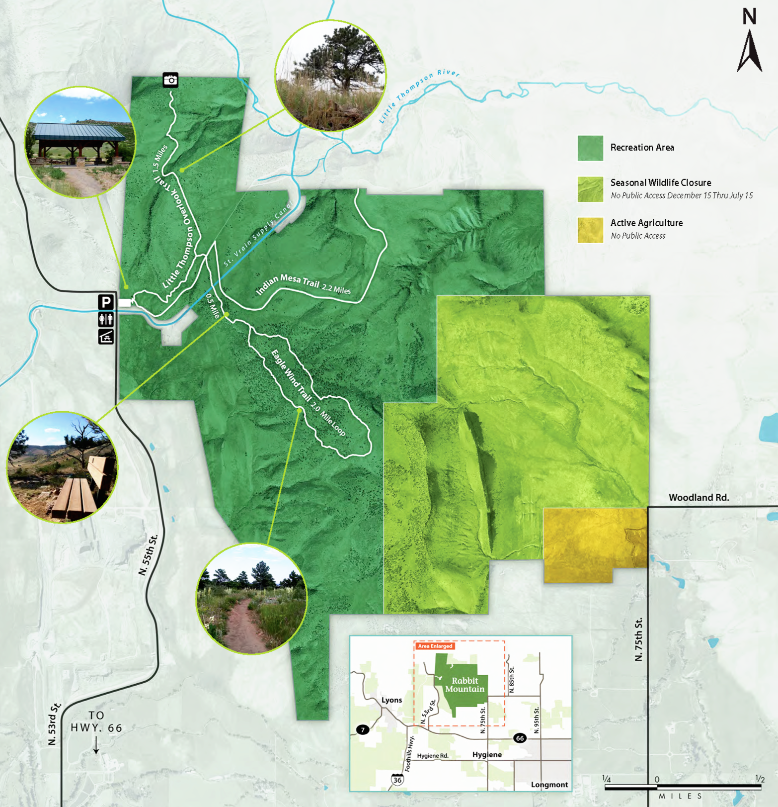 Map of Ron Stewart Preserve at Rabbit Mountain in Boulder County, Colorado showing Indian Mesa Trail, Little Thompson Overlook Trail, Eagle Wind Trail, parking areas, and trail profiles.
