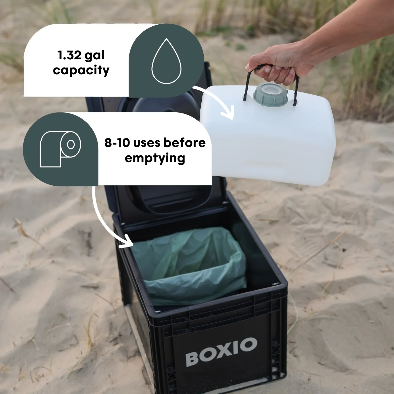 BOXIO portable toilet open showing interior with waste container and capacity