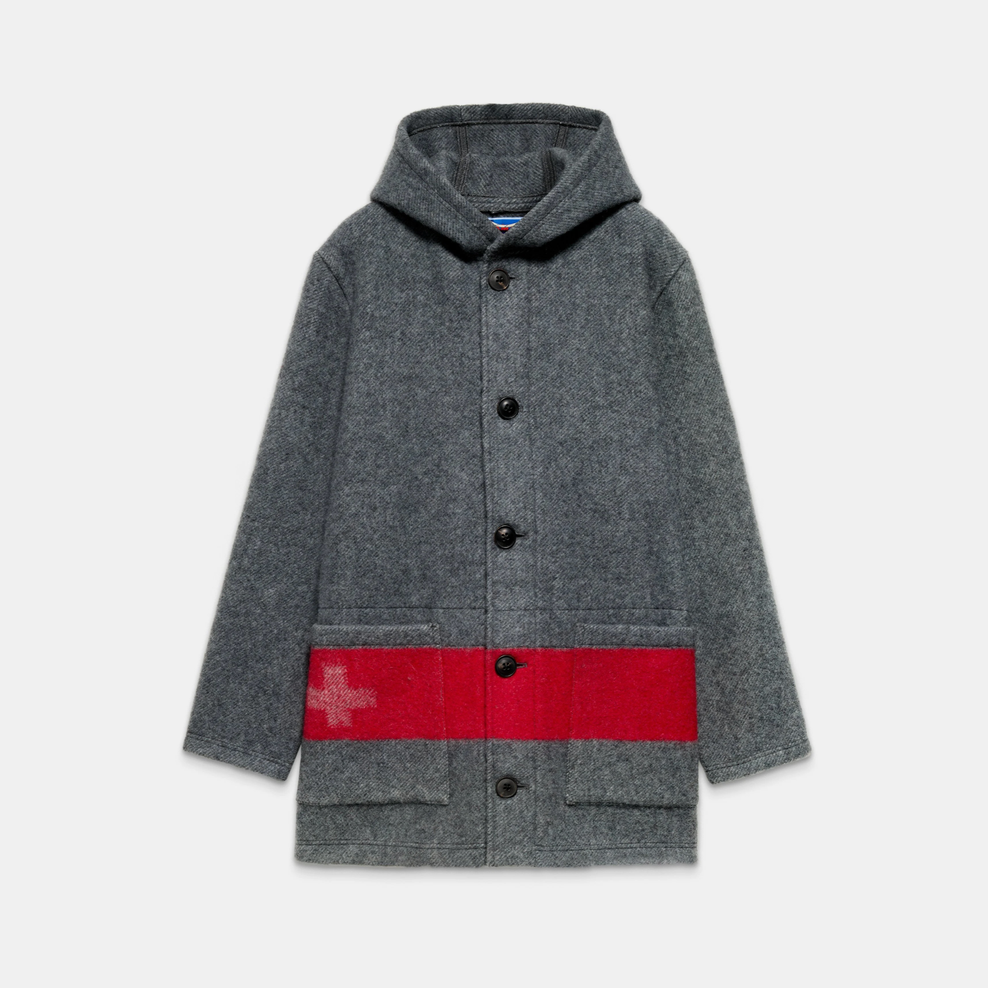 Grey wool jacket with Swiss‑blanket red stripe—hooded, button front.