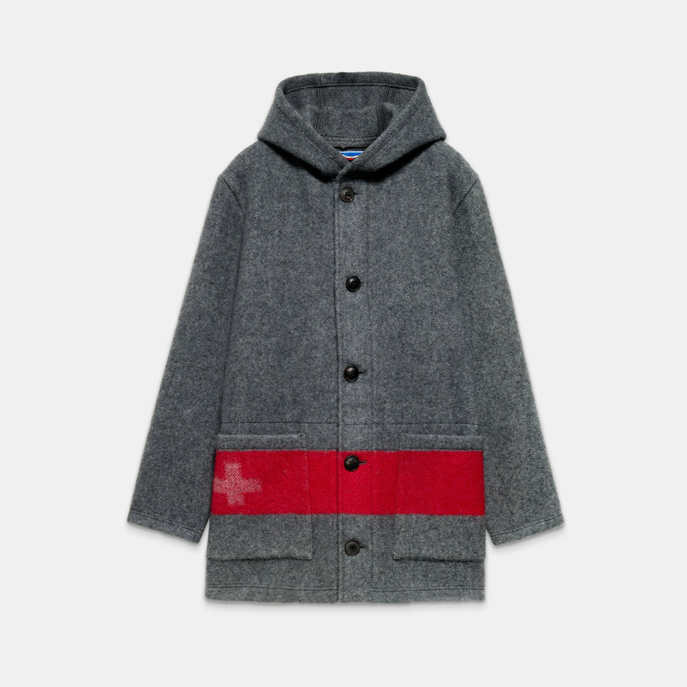 Grey wool jacket with Swiss‑blanket red stripe—hooded, button front.