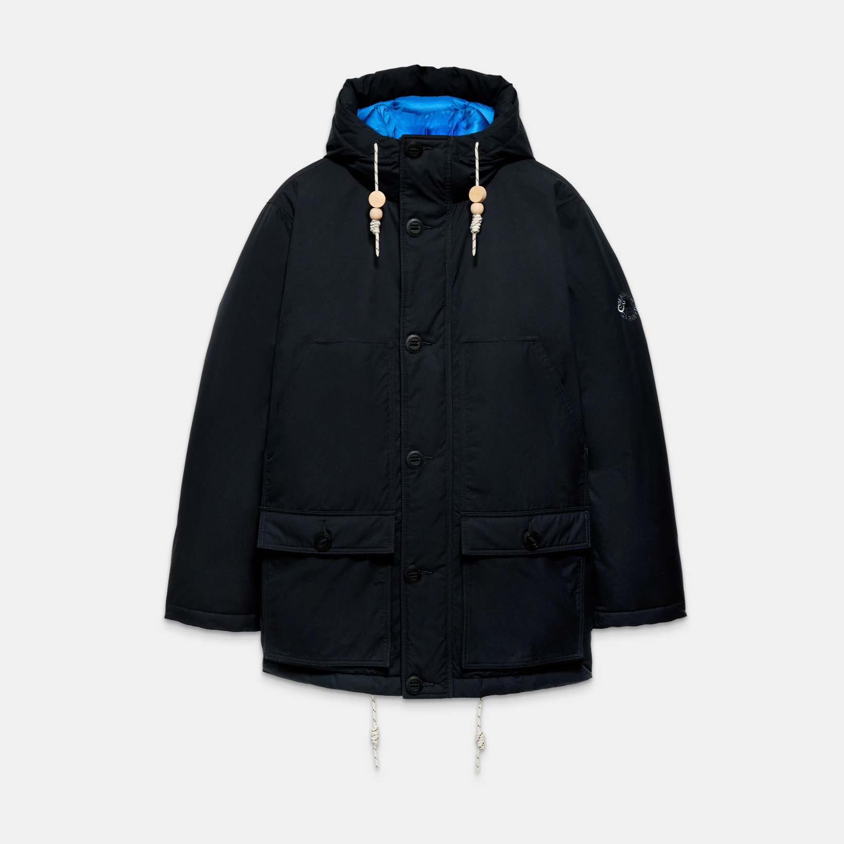 Nigel Cabourn × Mammut Direttissima Mountain Parka in black with blue liner and bead drawcords.