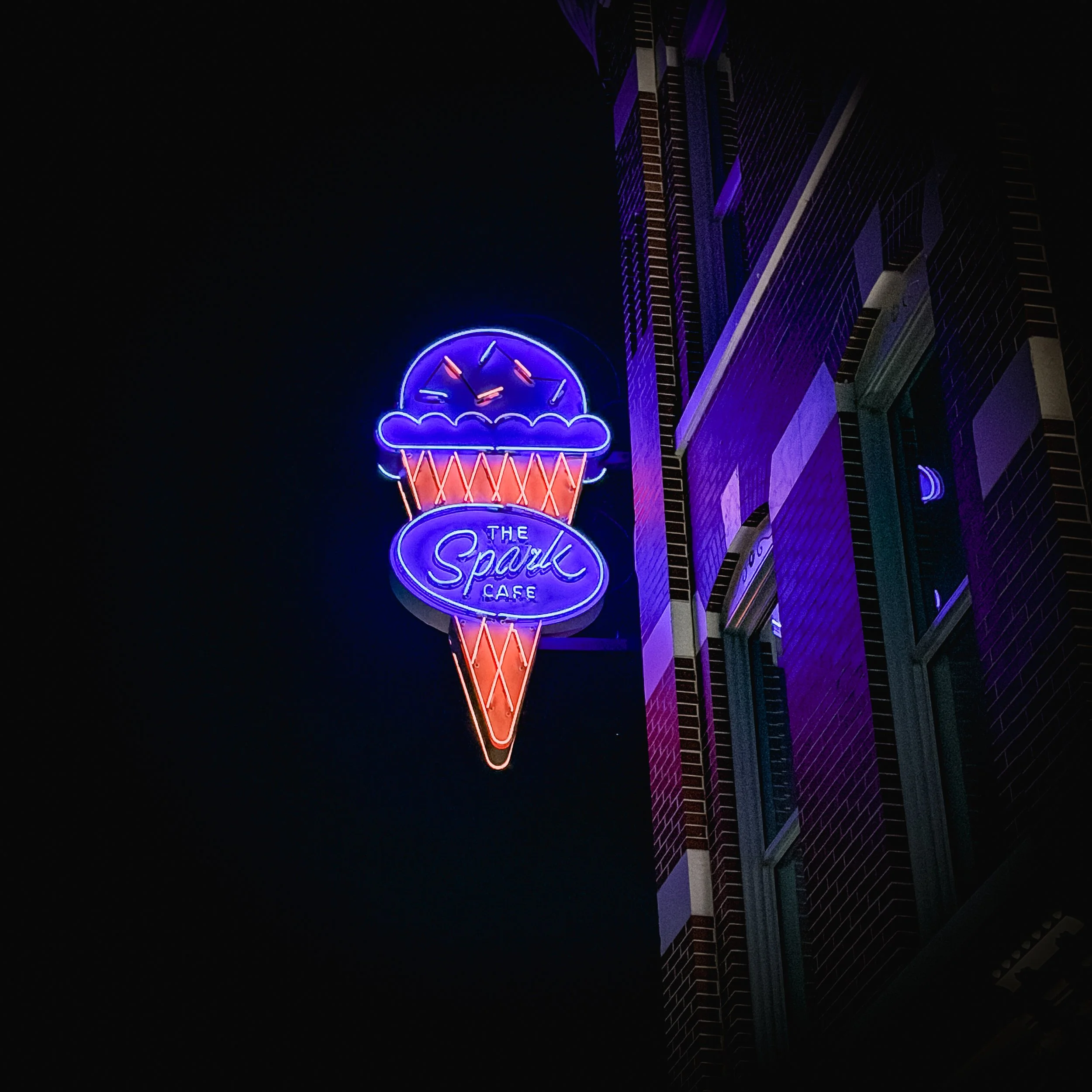 Neon ice cream sign at The Spark Café