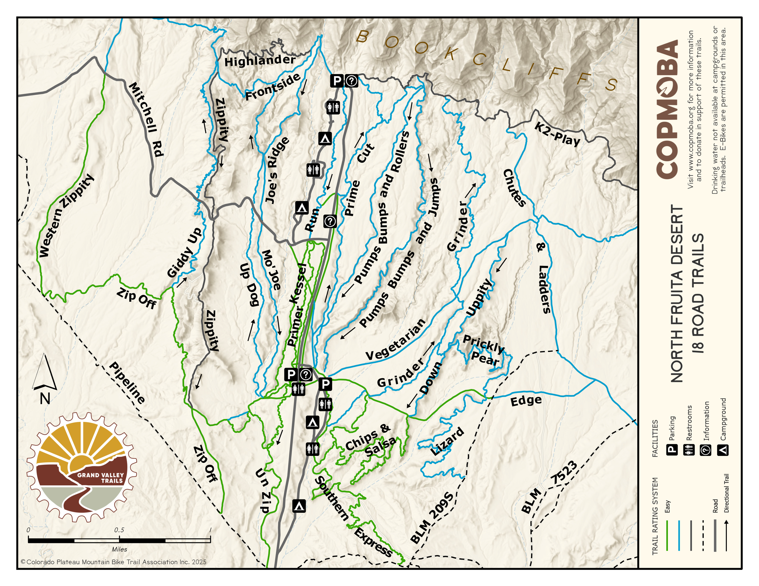 North Fruita Desert 18 Road mountain bike trail map showing Prime Cut, PBR, Zippity Do Dah, Joe’s Ridge, and Chutes and Ladders in Fruita Colorado