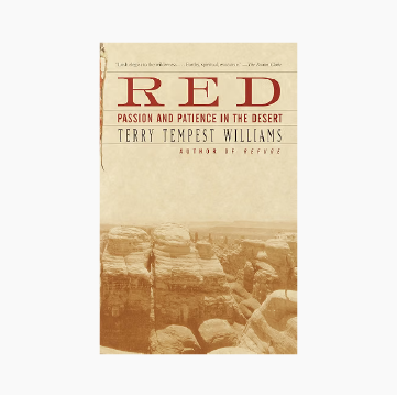 Book cover titled 'Red: Passion and Patience in the Desert' by Terry Tempest Williams, featuring a sepia-toned image of a desert canyon landscape.