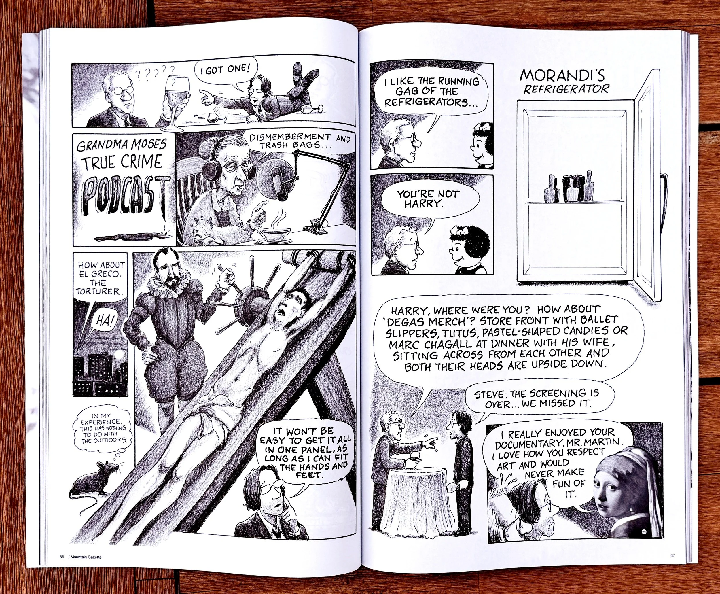 Mountain Gazette magazine black and white cartoon spread showing creative storytelling format