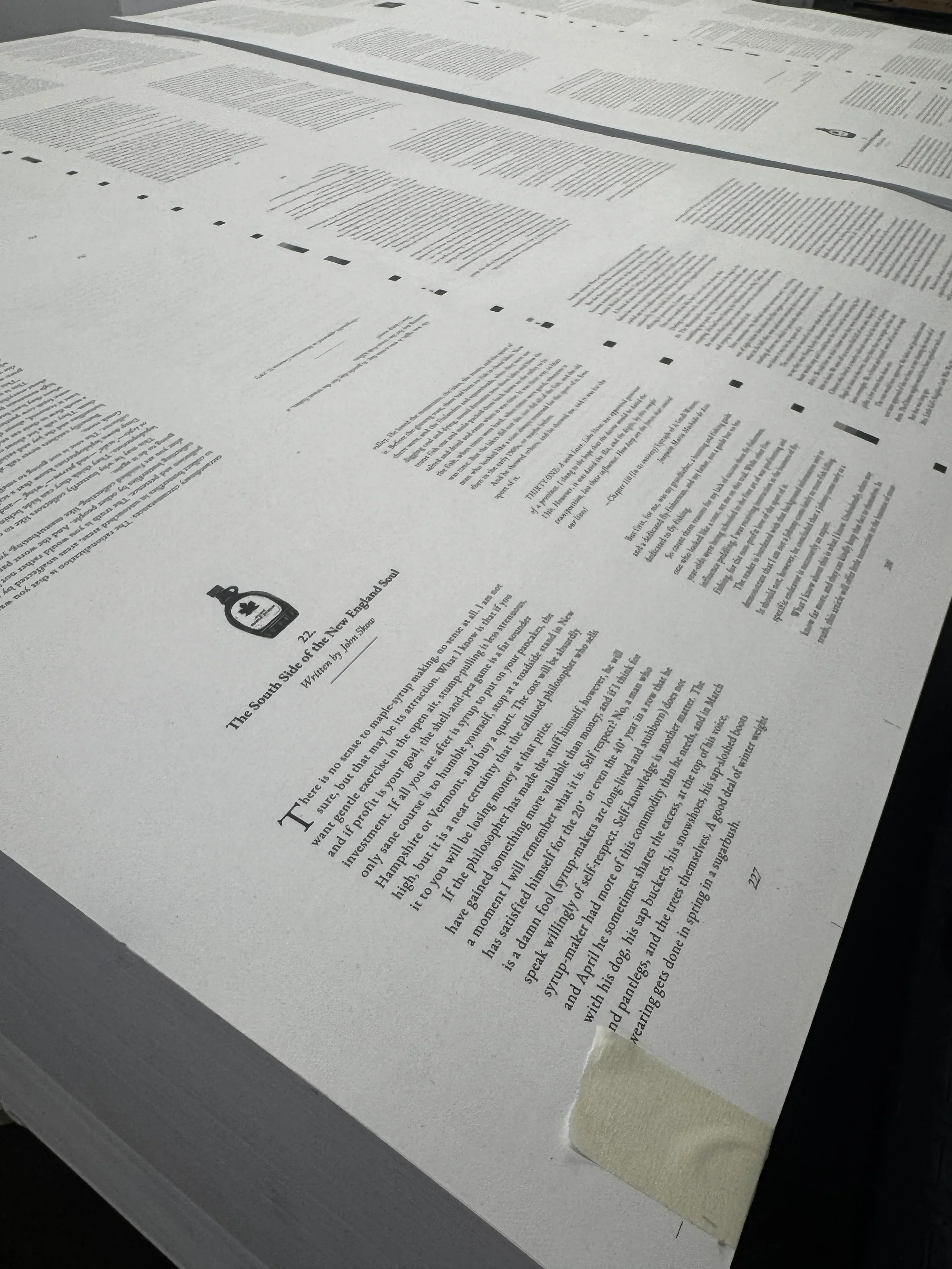 Large printed sheets containing pages from Mountain Gazette's Print Ain't Dead anthology during production.