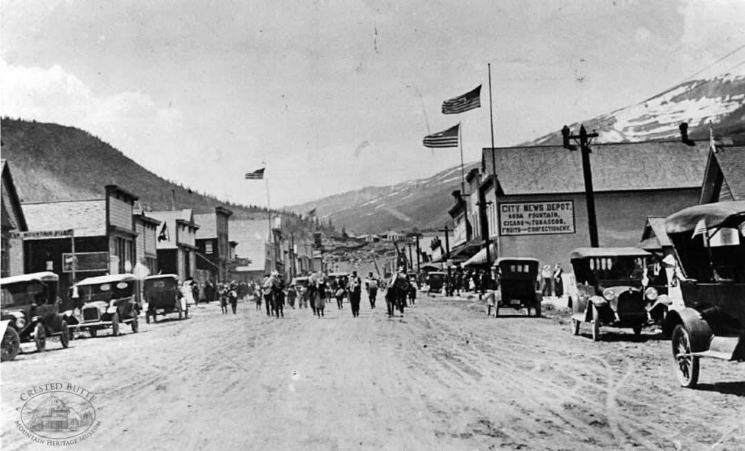 Historic photo of Elk Avenue in downtown Crested Butte during the mining era.