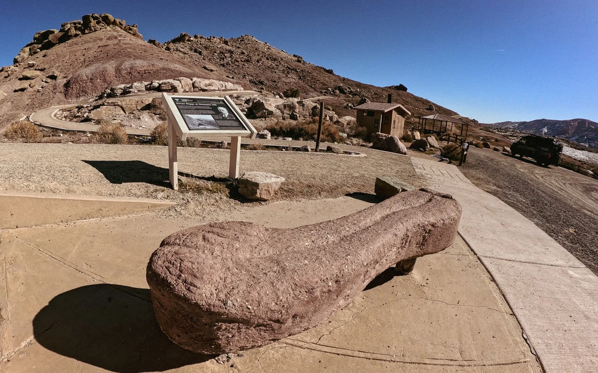 Stone bench shaped like a dinosaur bone at Dinosaur Hill fossil site in Fruita, Colorado near interpretive panels.