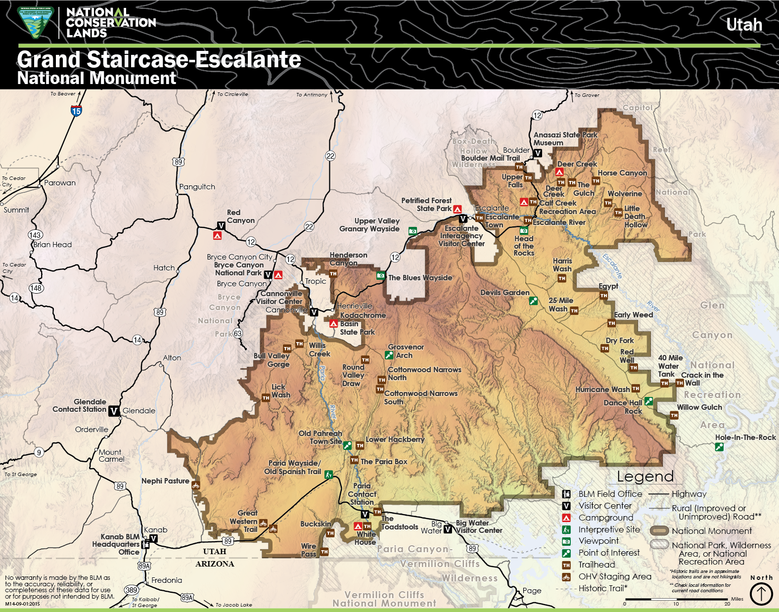 Map of Grand Staircase Escalante National Monument in southern Utah showing major areas and nearby towns