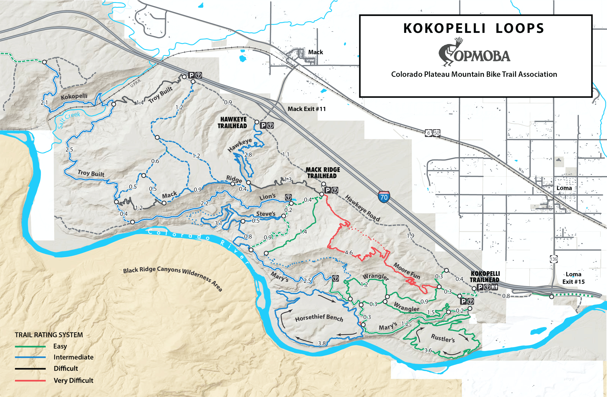 Kokopelli Loops mountain bike trail map in Fruita Colorado showing Rustler’s Loop, Moore Fun, Steve’s Loop, Wrangler, Hawkeye, and Horsethief Bench