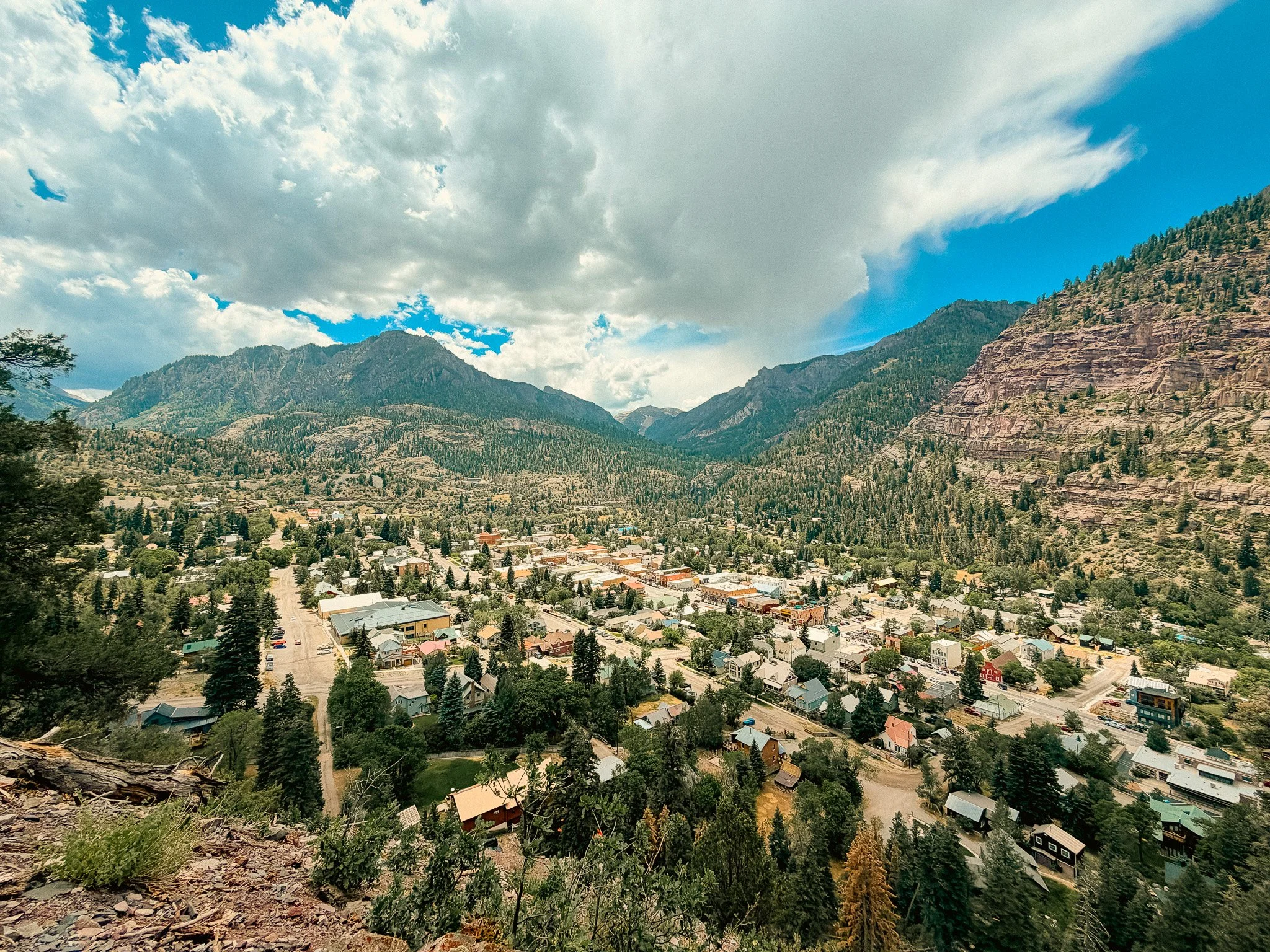 View over downtown Ouray, Colorado, from the Perimeter Trail with the San Juan Mountains surrounding town.