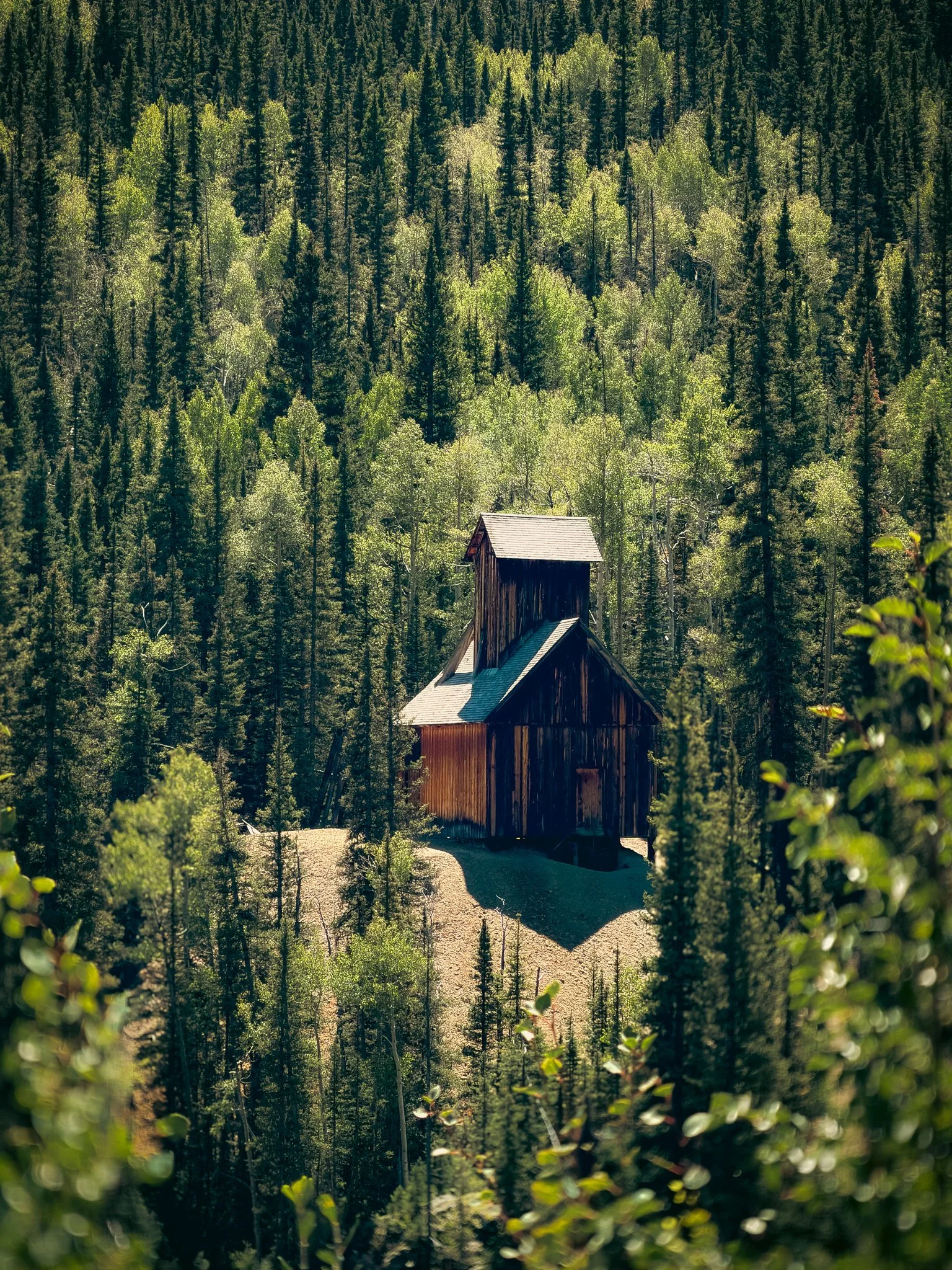 Colorado Boy Mine surrounded by forest in the San Juan Mountains near Ouray, Colorado