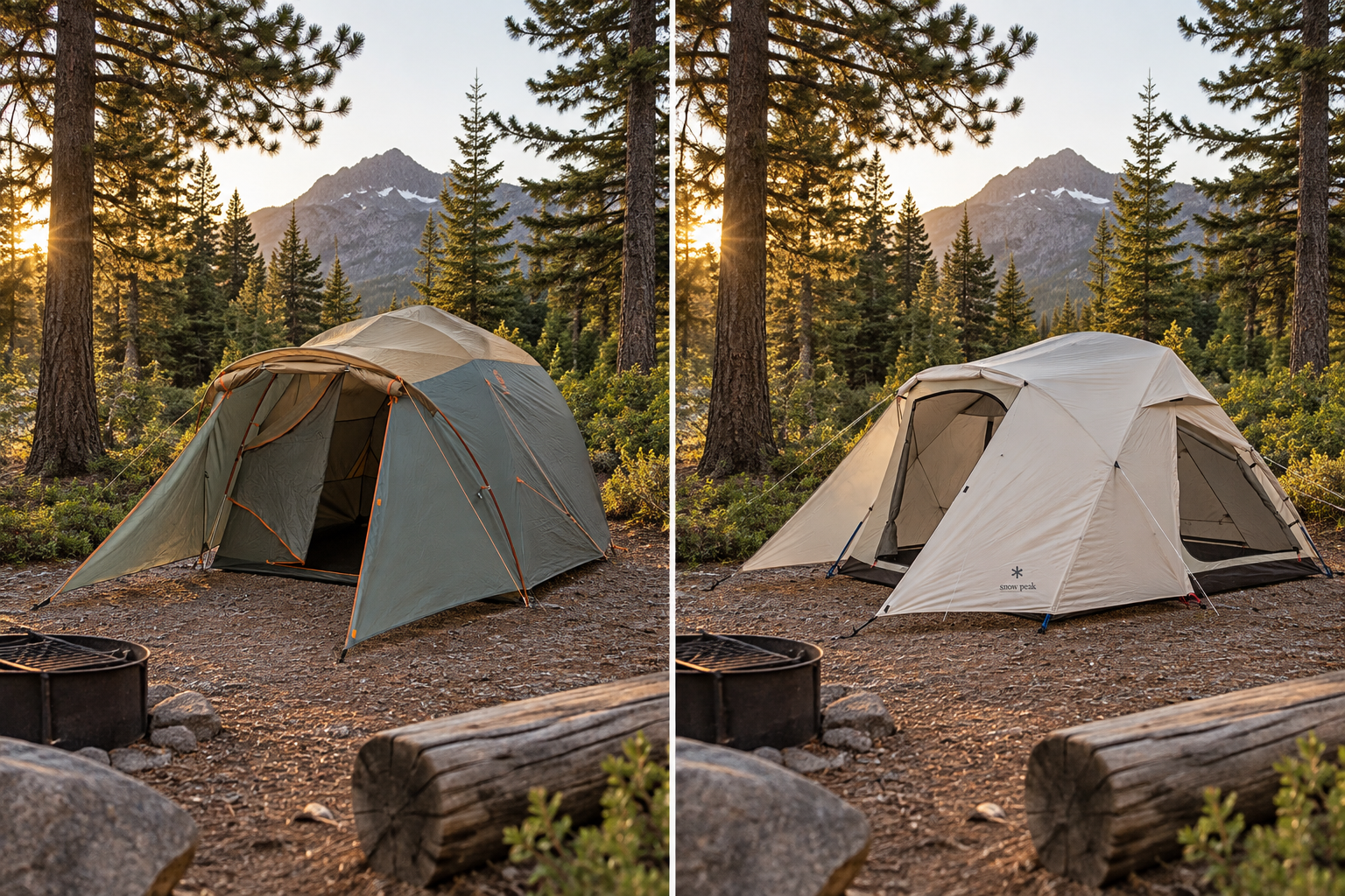 Two car camping tents pitched side by side at a forest campsite with mountains in the background — a green dome-style tent on the left and a cream Snow Peak Alpha Breeze A-frame tent on the right.
