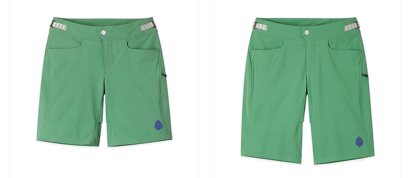 Two lengths of green Stio Women’s OPR mountain bike shorts shown side by side
