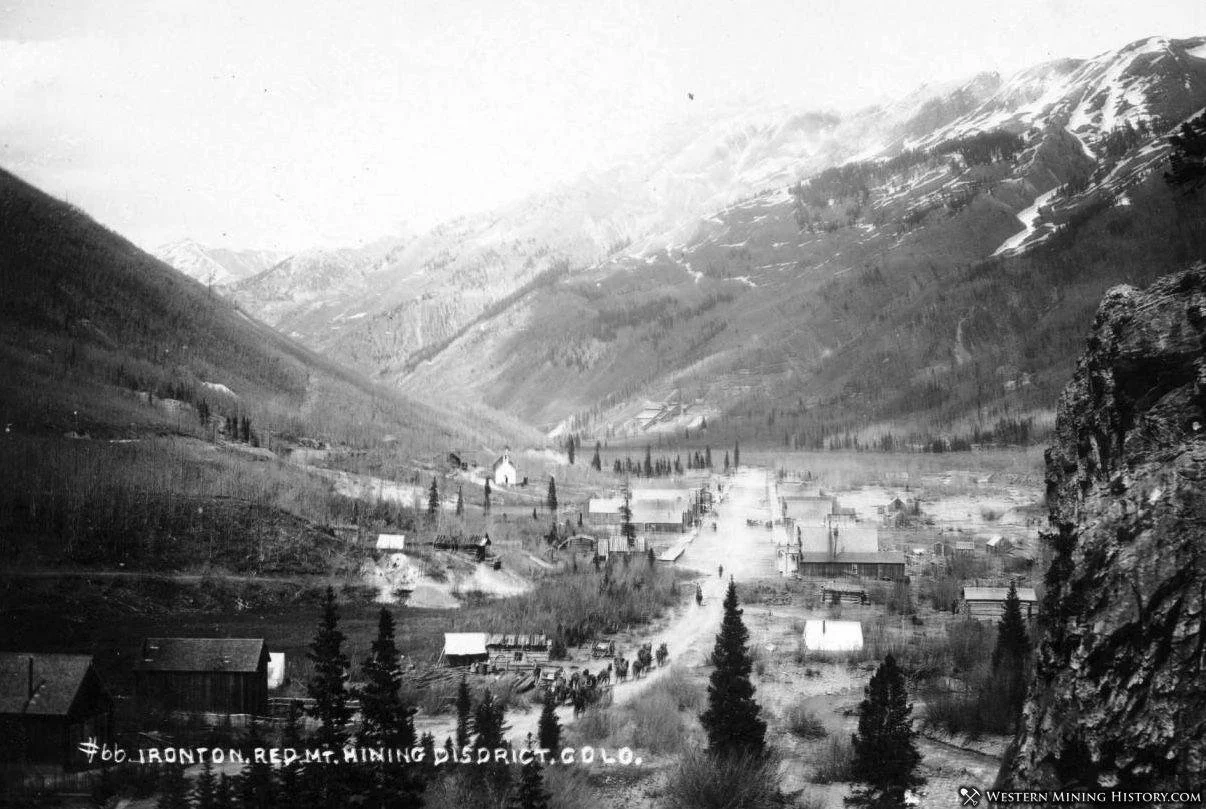 Historic photograph of Ironton, Colorado, with buildings and roads in the Red Mountain Mining District.