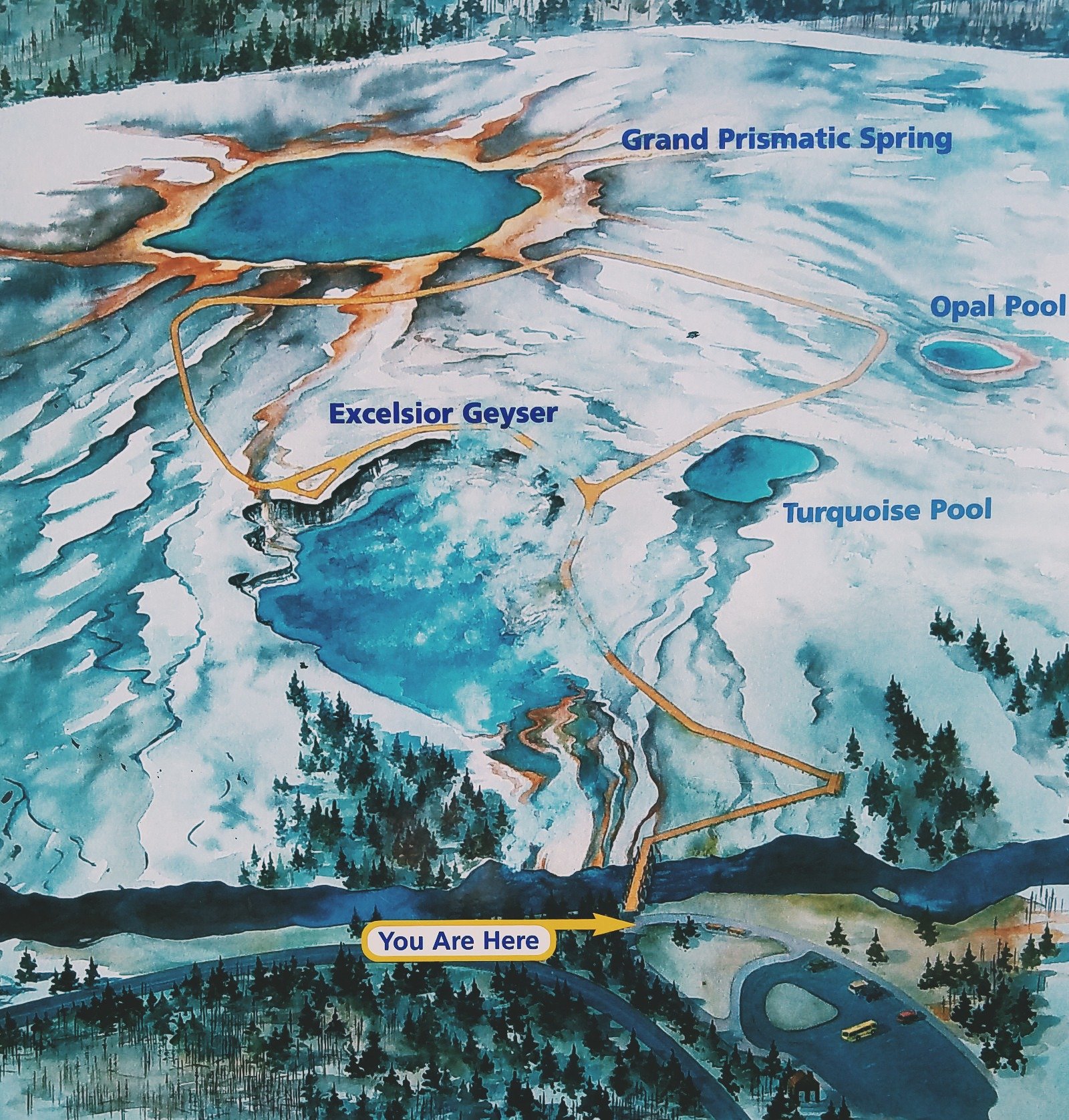 Map of All the Geysers in Midway Geyser Basin: A detailed map showing the locations of all the geysers and hot springs in Midway Geyser Basin, including Grand Prismatic Spring, Excelsior Geyser, Turquoise Pool, and Opal Pool.
