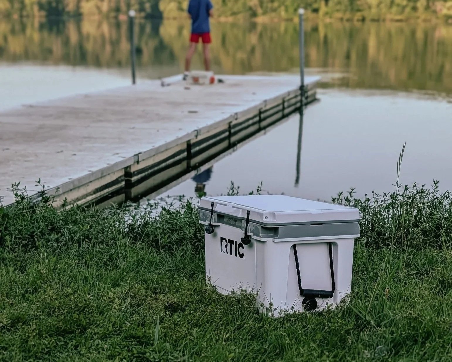 RTIC 32 QT Ultra-Light Cooler beside a dock at the lake.