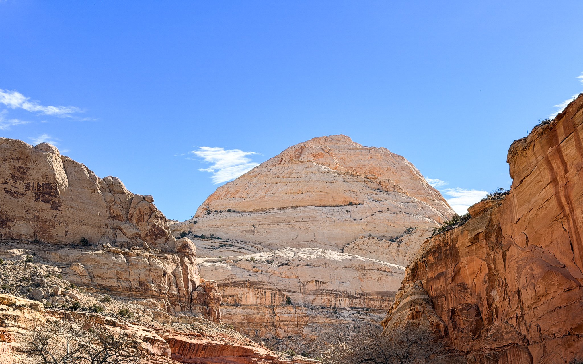 Capitol Dome white sandstone formation in Capitol Reef National Park Utah.