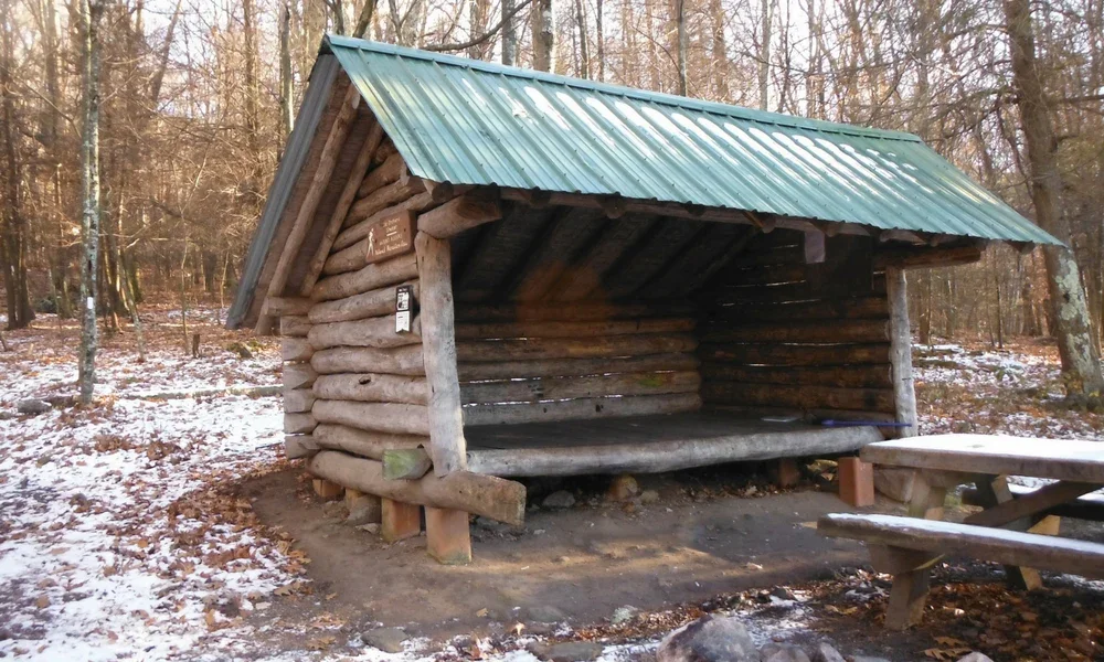Three-sided wooden Appalachian Trail shelter with a log structure and metal roof in a forest setting.
