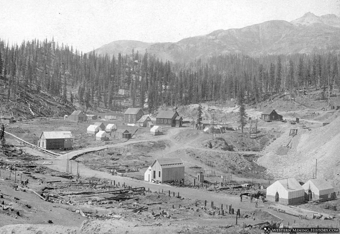 Historic photograph of the Red Mountain mining community and buildings in Colorado's San Juan Mountains.