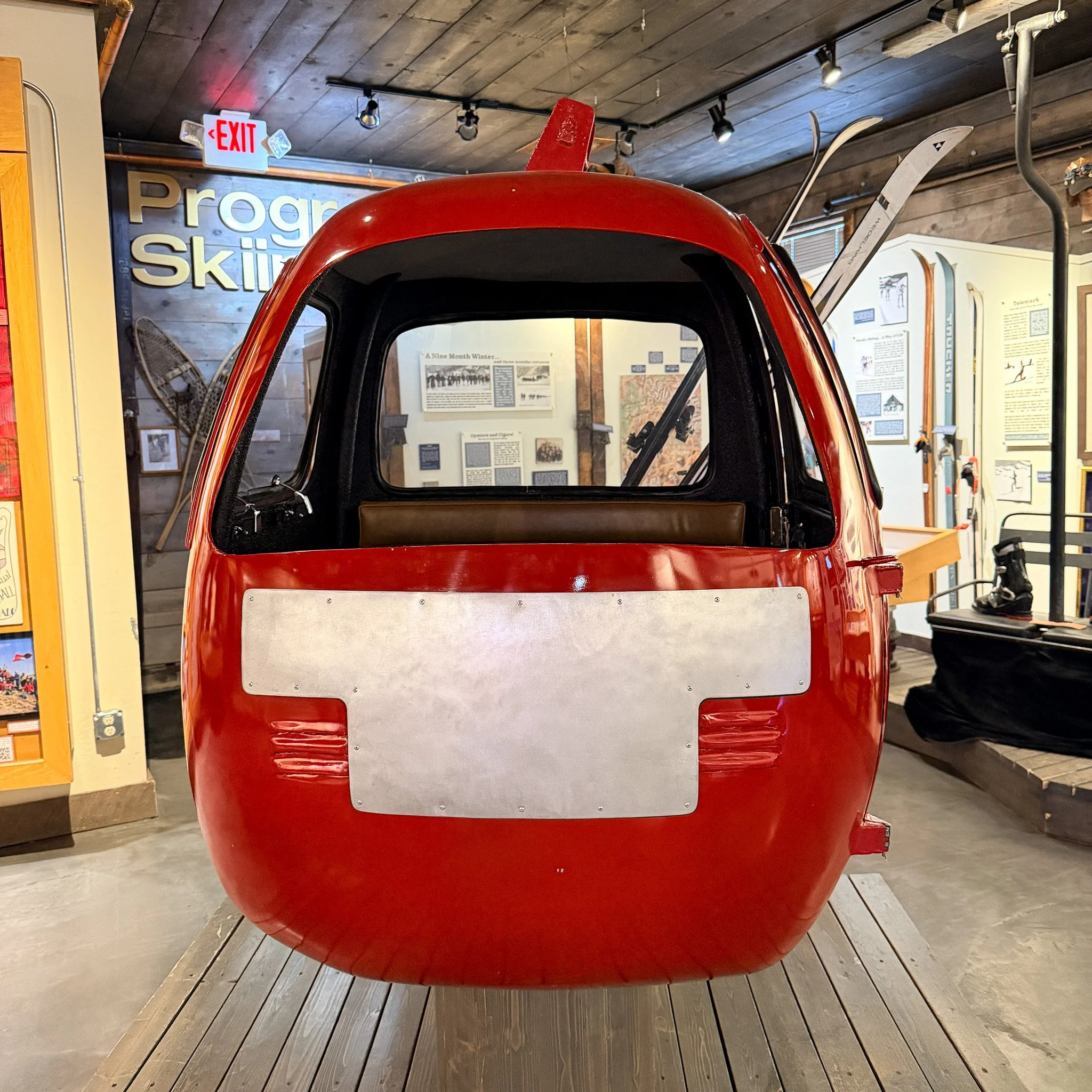 Original Silver Queen Gondola cabin displayed inside the Crested Butte Mountain Heritage Museum.