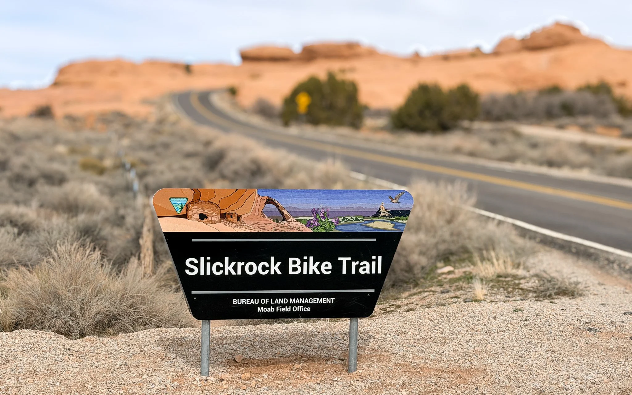 Slickrock Bike Trail sign near Moab, Utah along the road leading into Sand Flats Recreation Area.