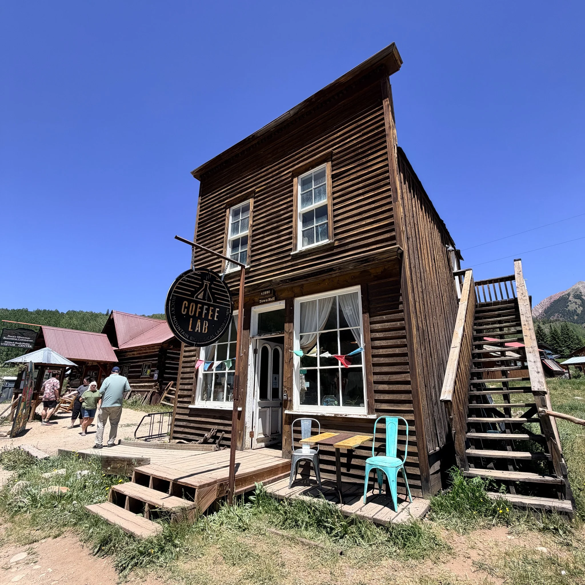 Historic wooden building housing the Coffee Lab in Gothic near Crested Butte, Colorado.