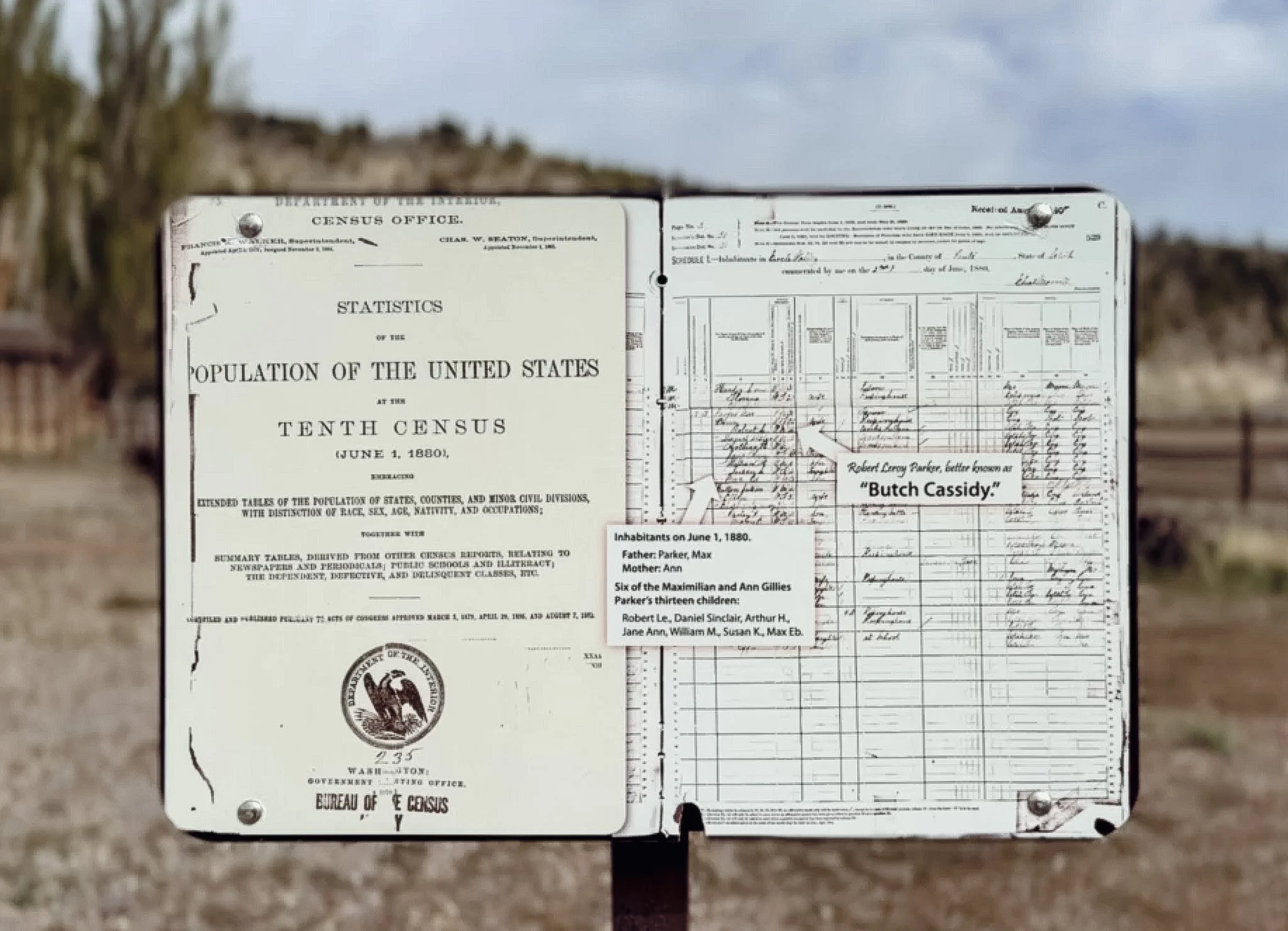 1880 U.S. Census display at Butch Cassidy's childhood home showing Robert LeRoy Parker and members of the Parker family.