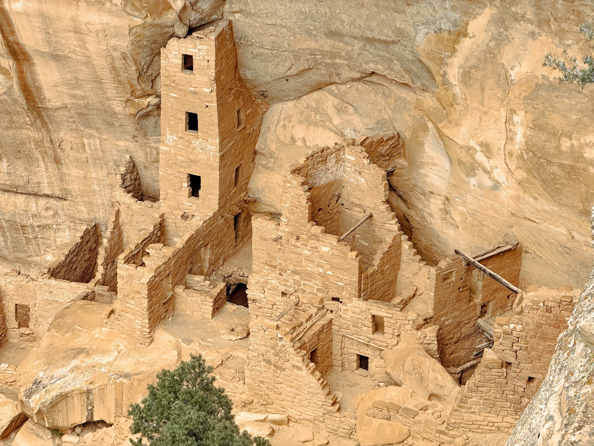 Close-up view of Square Tower House cliff dwelling at Mesa Verde National Park in Colorado.